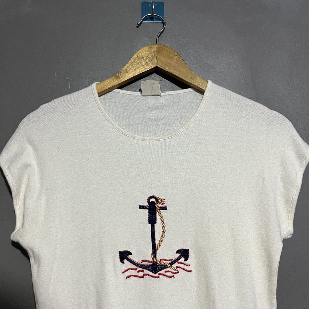 Vintage Famos Anchor Embroidered (Category: Shirts) located in Calauan. Submitted by randomthrift.womens (Listing ID 1468960425, Image 2). Description: stains small on tag, fits large.