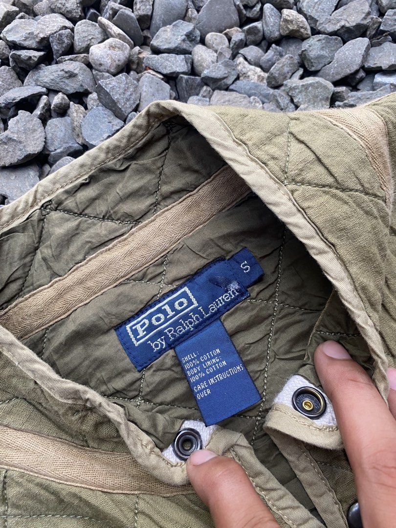 VINTAGE POLO RALPH LAUREN (Category: Coats, Jackets and Outerwear) located in Manila. Submitted by https_uno (Listing ID 1468999138, Image 2). Description: • Brand: Polo by Ralph Lauren • Style: Military-inspired diamond-quilted liner / cardigan jacket • Color: Olive / khaki green • Era: 1990s vintage • Features: Snap-button closure, stand collar, front hand pockets, and lightweight quilted construction..