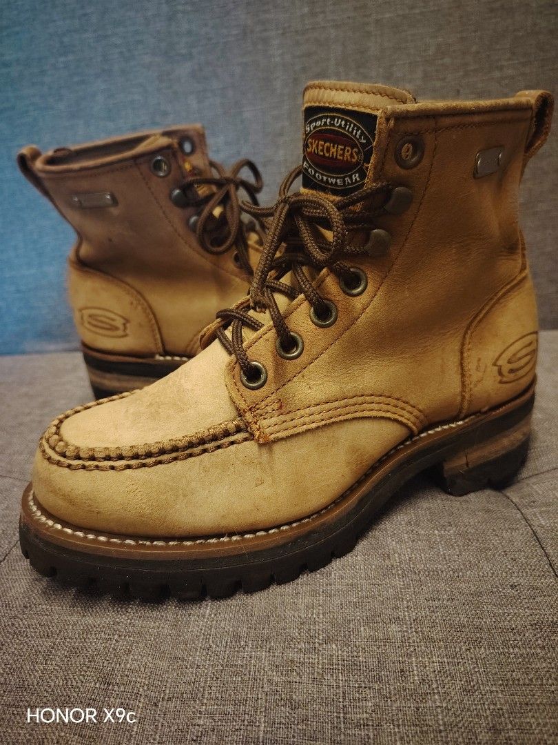 Vintage sketchers boots 90s (Category: Boots) located in Quezon City. Submitted by 28works (Listing ID 1469125783, Image 1). Description: Vintage 90s Skechers Sport-Utility boots in tan brown leather in great comdi.