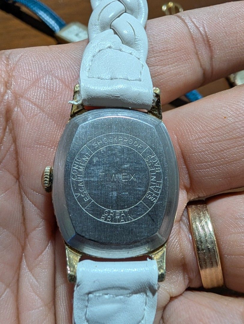 Vintage Timex Ladies Watch (Category: Women's Watches) located in Makati City. Submitted by greatbuysmnl (Listing ID 1469035721, Image 2). Description: Vintage Ladies Timex Manual Wind Shockproof White leather strap Made in Great Britain .