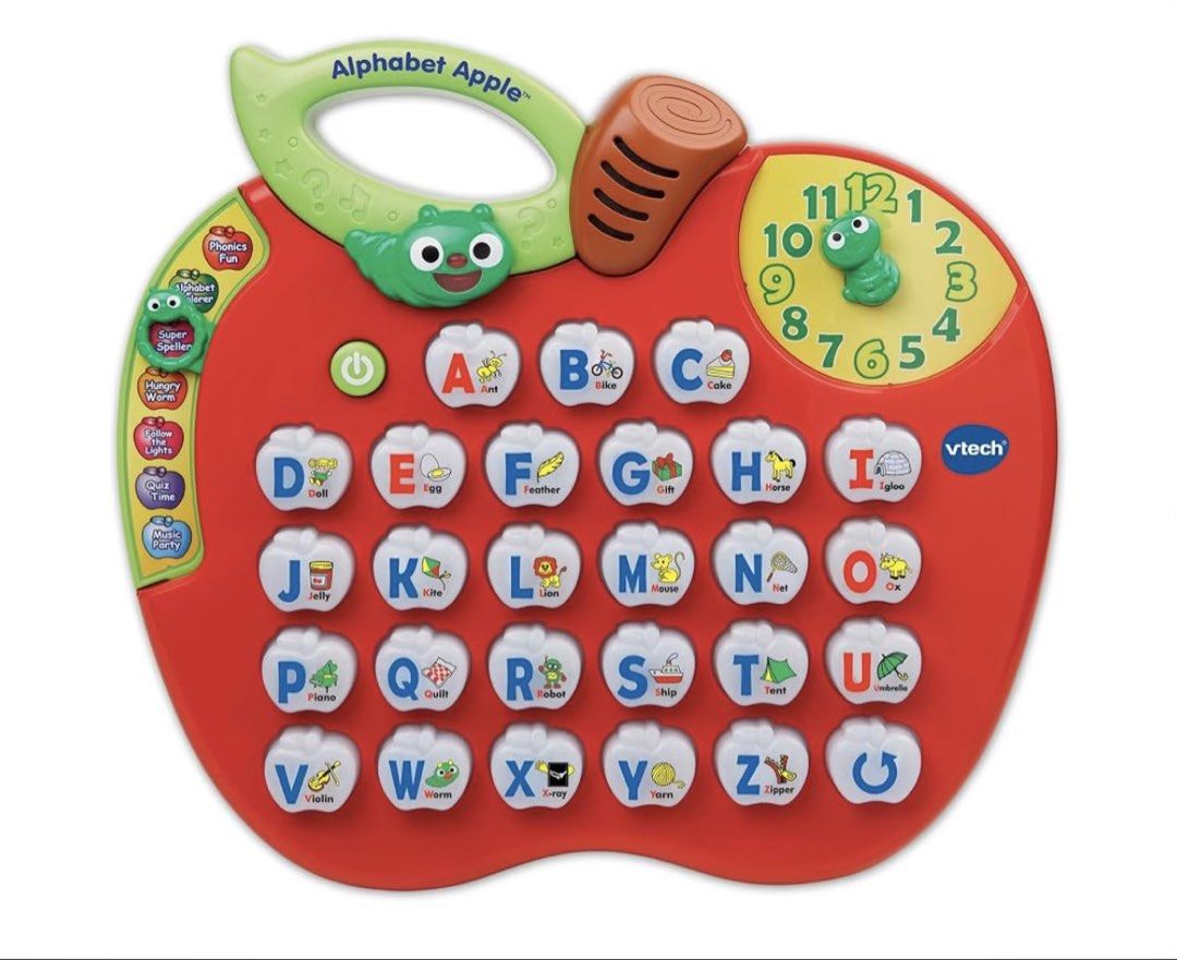 VTech Alphabet Apple Interactive Learning Toy (Category: Educational & Learning Toys) located in Davao. Submitted by zoe_1820 (Listing ID 1469006111, Image 1). Description: - Interactive red apple design with white A-Z alphabet buttons - Each letter features a corresponding picture and word (e.g., Ant for A, Bike for B) - Fun green caterpillar handle at the top for easy carrying - Built-in clock face with a movable hand for time-telling practice 