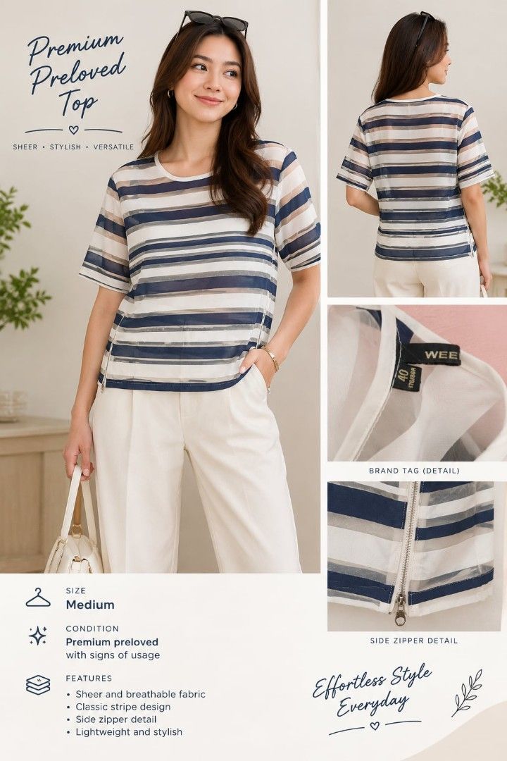 WEEKEND Striped Sheer Short Sleeve Top Size Medium (Category: Blouses) located in Digos. Submitted by chicandglowbargains (Listing ID 1468984372, Image 1). Description: - Brand/Style: WEEKEND striped top - Size: 40 - Design: Navy blue, white, and tan horizontal stripes with a functional side hem zipper - Fabric: Sheer, lightweight, and breathable - Details: Short sleeves, crew neckline - Condition: Clean, minimal signs of wear - Style Tip: Great 
