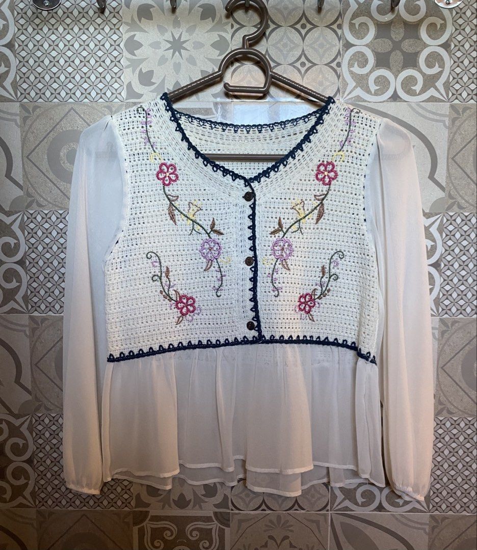 White Embroidered Knit Cardigan Blouse (Category: Longsleeves) located in Tagbilaran City. Submitted by rianena (Listing ID 1468939172, Image 1). Description: bought this at a stall in sm. sleeves are sheer. .