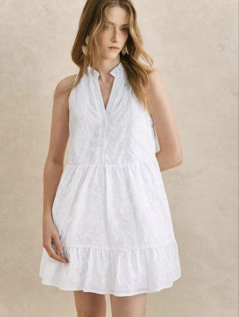 White Eyelet Emroidered Mini Dress (Category: Dresses) located in Caloocan City. Submitted by kikay.street (Listing ID 1469010850, Image 1). Description: Brand: Shein Size: Small to Medium Condition: Brand New.