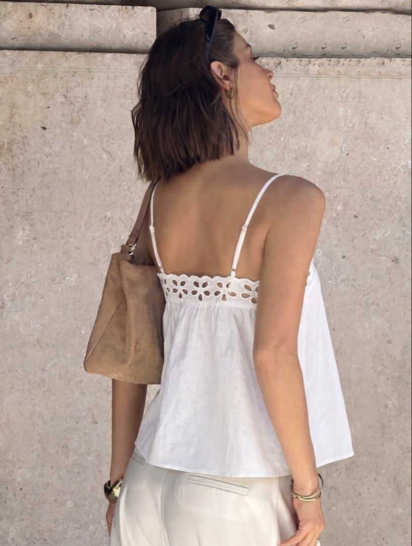 White eyelet halter cami top linen blend (Category: Sleeveless) located in Manila. Submitted by jremei (Listing ID 1469030854, Image 2). Description: - Brand new, bought sa Shein - never been used - size too big on me.