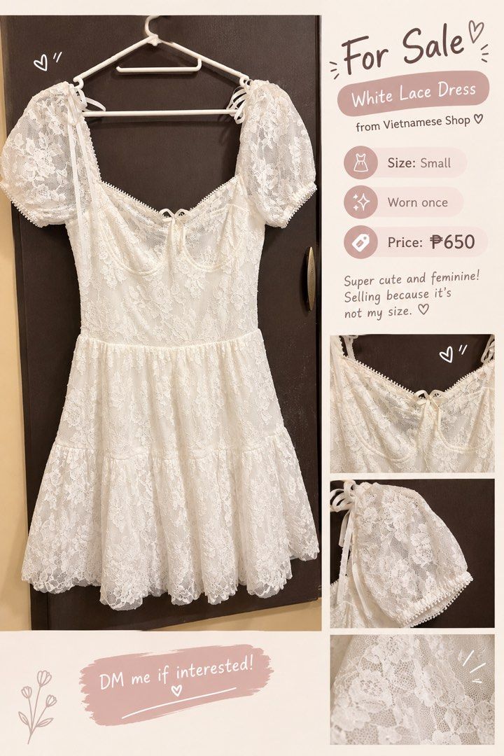 White Lace Dress Size Small (Category: Dresses) located in General Trias. Submitted by anjenethib21192 (Listing ID 1469060355, Image 1). Description: FOR SALE ♡ White Lace Dress From a Vietnamese shop Size: Small Condition: Worn once Price: ₱650 Reason for selling: Decluttering ✨ DM me if interested! � .
