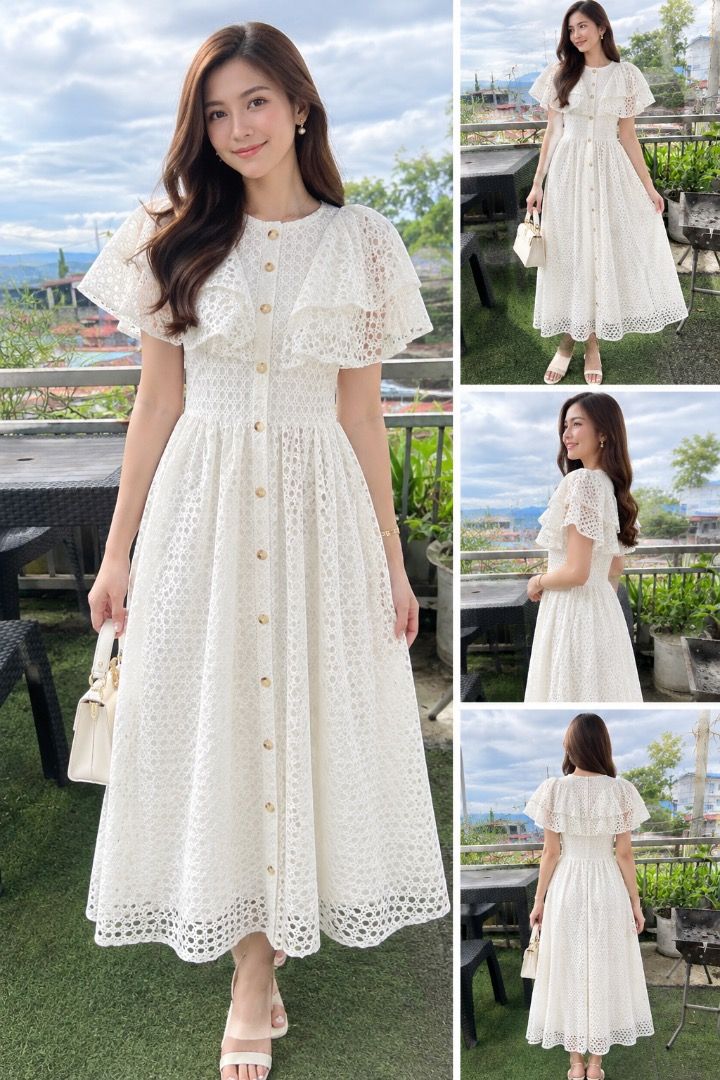 White lace ruffle midi dress with buttons (Category: Dresses) located in Caloocan City. Submitted by thewardrobe05 (Listing ID 1467376239, Image 1). Description: - Color: White - Material: Patterned lace fabric - Design: Round neckline with full front button closure - Sleeves: Short layered ruffle sleeves - Fit: Fitted waist with a flared midi skirt - Versatility: Ideal for daytime events, dates, or weekend brunches; easy to pair with flats or sa