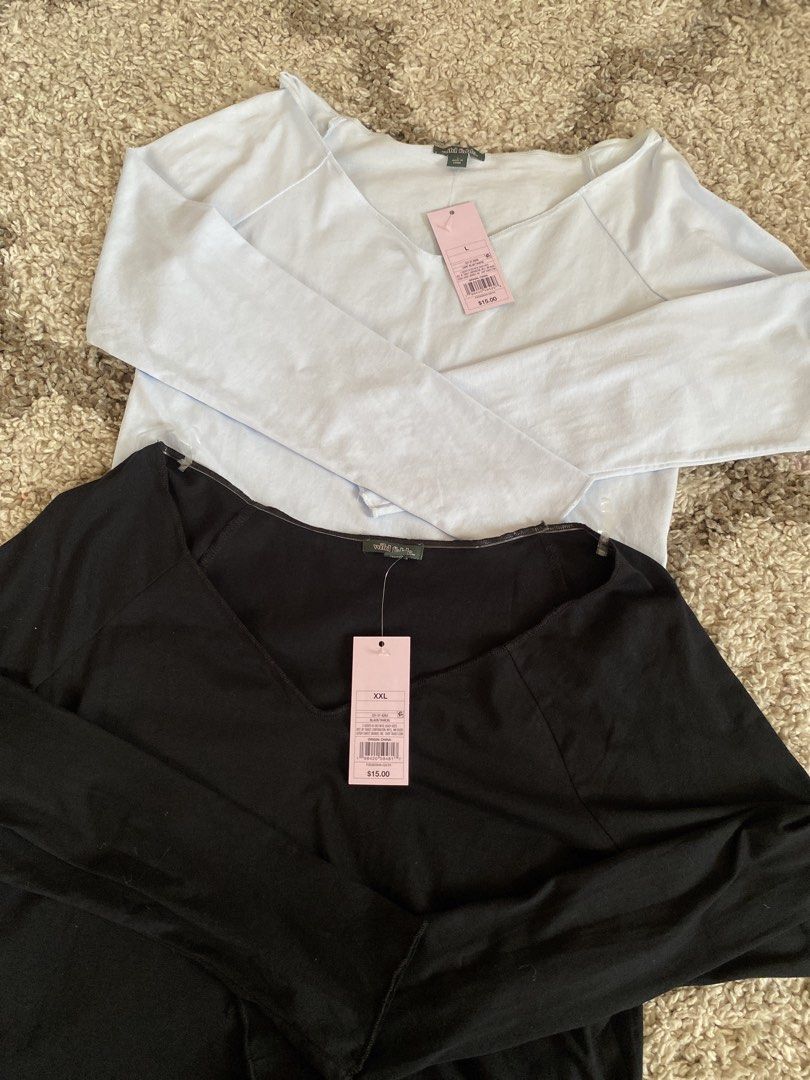 Wild Fable Long Sleeve Off Shoulder Tops (Category: Longsleeves) located in Batangas. Submitted by lux_kimmy (Listing ID 1468979877, Image 3). Description: - Brand: Wild Fable (Target) - Quantity: Bundle of 2 tops - Colors & Sizes: Light Blue (Size L) and Black (Size XXL) - Features: V-neckline, trendy raw hem details, and super soft, comfortable fabric - Condition: Brand new with original tags attached ₱250 each only.