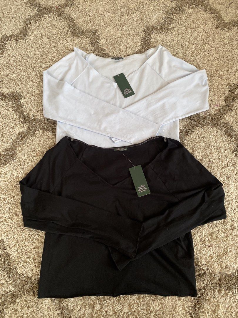 Wild Fable Long Sleeve Off Shoulder Tops (Category: Longsleeves) located in Batangas. Submitted by lux_kimmy (Listing ID 1468979877, Image 1). Description: - Brand: Wild Fable (Target) - Quantity: Bundle of 2 tops - Colors & Sizes: Light Blue (Size L) and Black (Size XXL) - Features: V-neckline, trendy raw hem details, and super soft, comfortable fabric - Condition: Brand new with original tags attached ₱250 each only.