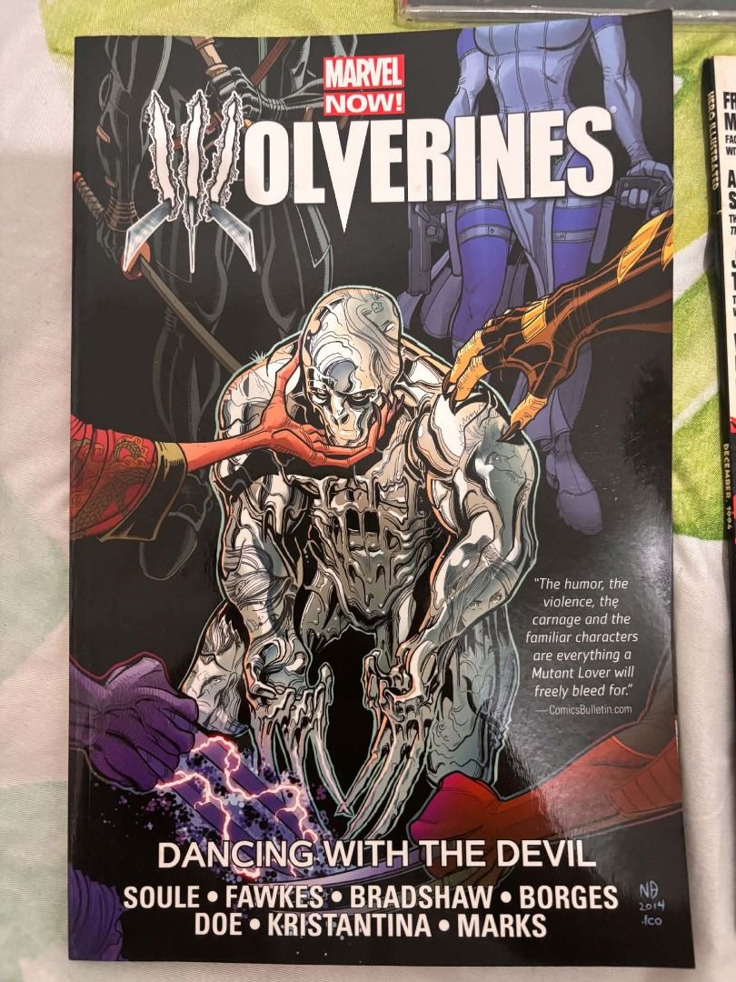 Wolverines Vol. 1 Marvel Graphic Novel (Paperback) (Category: Comics & Manga) located in Binan City. Submitted by safe_gorpfriday (Listing ID 1469089172, Image 2). Description: - Title: Wolverines Vol. 1 Trade Paperback - Collects: Issues #1-5 - Creators: Written by Charles Soule & Ray Fawkes; Art by Nick Bradshaw & others - Highlights: Features X-23 and a monstrous dragon on the back cover - Details: ISBN 978-0-7851-9268-2, Parental Advisory rat