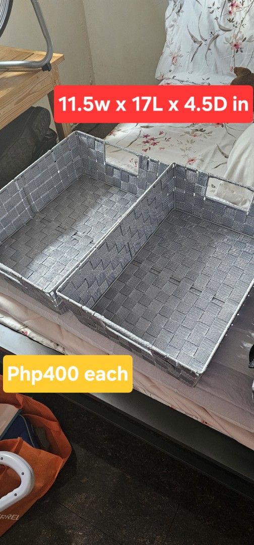 Woven Storage Baskets Various Sizes Colors (Category: Storage Boxes & Baskets) located in Quezon City. Submitted by safeforest.492237 (Listing ID 1469107002, Image 1). Description: - Product: Versatile woven storage baskets with built-in side handles - Colors available: Gray and black - Ideal uses: Perfect for organizing shelves, closets, and desktops - Size range: From 6W x 10L x 4.5D inches up to 13W x 15L x 10D inches - Price: Php100 to Php400