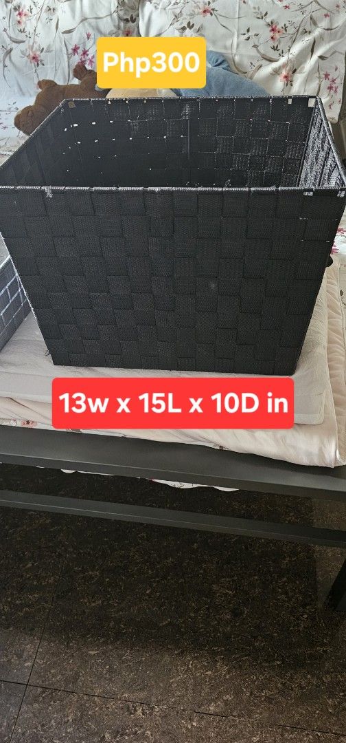 Woven Storage Baskets Various Sizes Colors (Category: Storage Boxes & Baskets) located in Quezon City. Submitted by safeforest.492237 (Listing ID 1469107002, Image 3). Description: - Product: Versatile woven storage baskets with built-in side handles - Colors available: Gray and black - Ideal uses: Perfect for organizing shelves, closets, and desktops - Size range: From 6W x 10L x 4.5D inches up to 13W x 15L x 10D inches - Price: Php100 to Php400