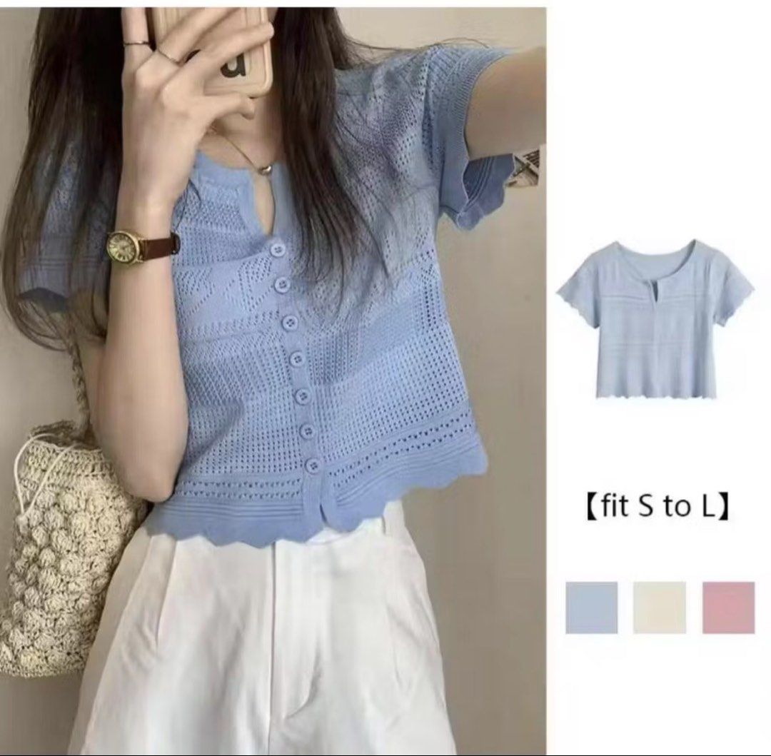 Woven straw shoulder bag with leather straps (Category: Blouses) located in Nagcarlan. Submitted by jemcollex (Listing ID 1469042207, Image 1). Description: - Blue knit top - Button-down style - Scalloped hem - Round neckline with keyhole detail - Fits sizes S to L - Used once only.