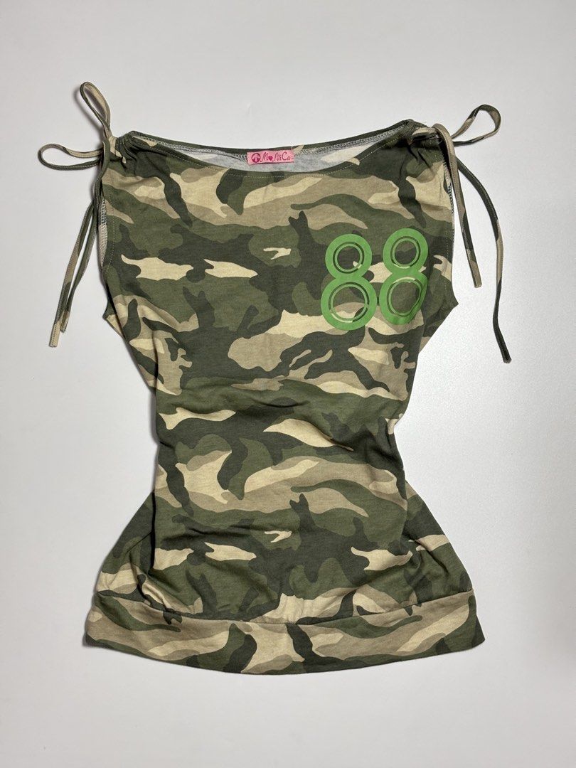 y2k camo shoulder tie top (Category: Sleeveless) located in Mabalacat. Submitted by lueur.rei (Listing ID 1469086815, Image 2). Description: ⊹ ࣪ ˖ S- Semi Med 𖧧 mine: ₱200 𖧧 steal: ₱250 𖧧 lock (au): ₱300 — eob: OCT 20 - 8 PM ⊹₊˚‧︵‿₊୨ᰔ୧₊‿︵‧˚₊⊹ — measurements were taken in flat lay — picture may vary due to lighting — please read guidelines before buying — once item is confirmed, please send your complete order form and screenshot of order/s.
