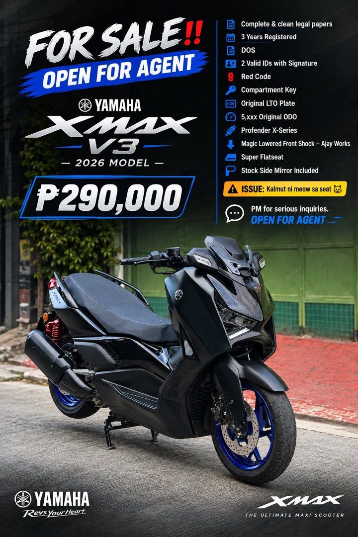 Yamaha XMAX V3 2026 Model (Category: Motorbikes for Sale) located in Quezon City. Submitted by gladysgeron (Listing ID 1469026704, Image 1). Description: Yamaha XMAX V3 2026 model up for sale, open for agents. Mileage sits in the 5,xxx range. Complete legal papers, DOS, 3 years registered, plus original LTO plate. Upgraded with Profender X-Series and magic lowered front shock from Ajay Works. Includes super flatseat, red code, compartment key, an
