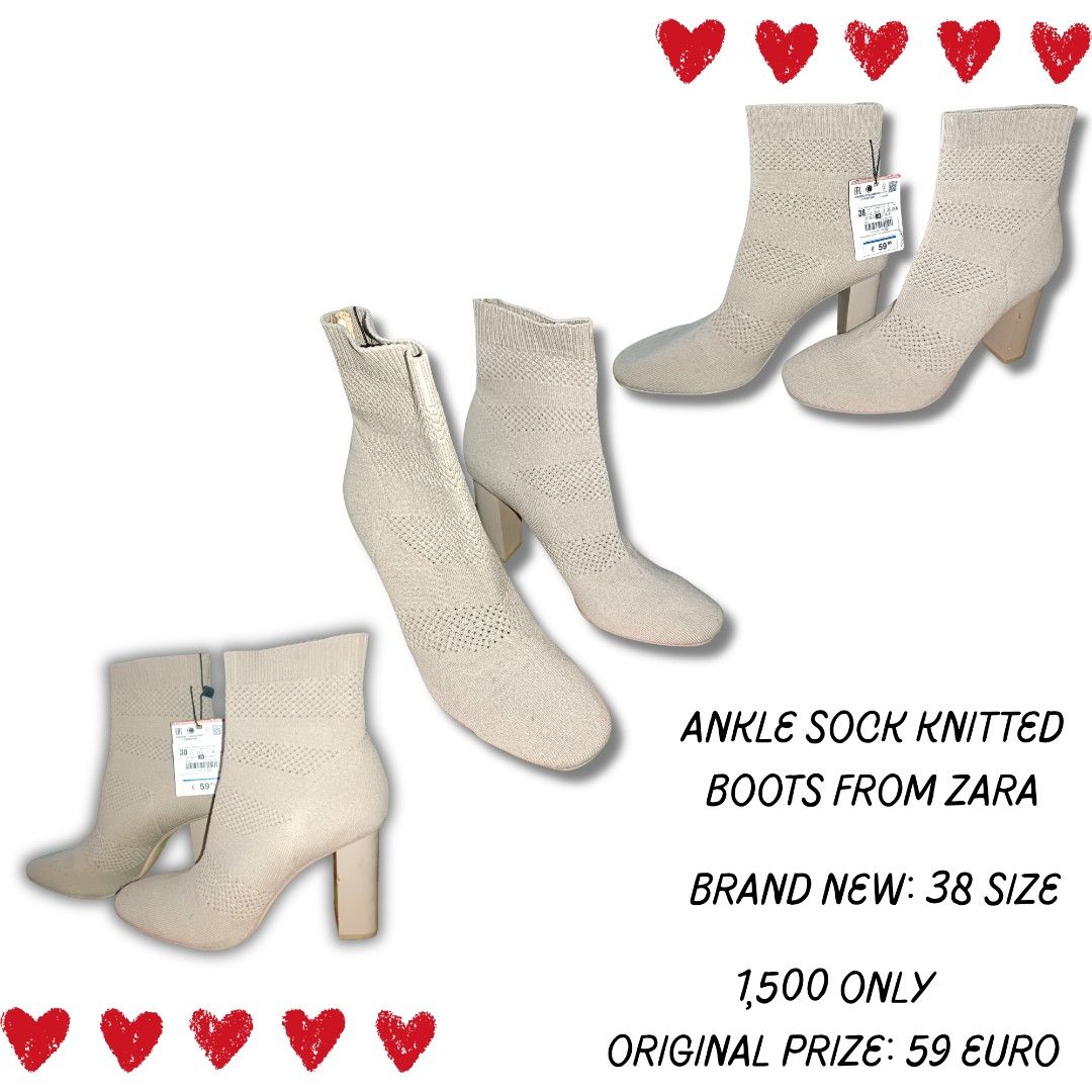 Zara Ankle Sock Knitted Boots Size 38 (Category: Boots) located in Manila. Submitted by lorrrsz (Listing ID 1469108972, Image 1). Description: - Brand: Zara - Style: Ankle sock knitted boots with chunky block heel - Size: EU 38 - Color: Neutral beige - Condition: Brand new, never worn - Details: Textured knit upper, original store tag attached (59 EUR).