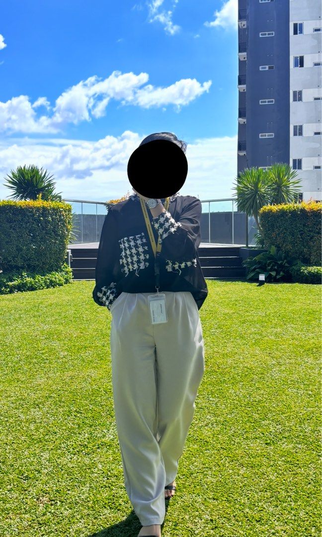 Zara Black and White Houndstooth Contrast Blouse (Category: Blouses) located in Cebu City. Submitted by swift.allyn (Listing ID 1469011859, Image 2). Description: - Elegant black blouse with chic white houndstooth tweed accents on shoulders, chest pockets, and cuffs - Features trendy sheer sleeves and back yoke for a sophisticated touch - Unique frayed trim details along the collar and pocket edges - Classic button-up front closure - Made with li