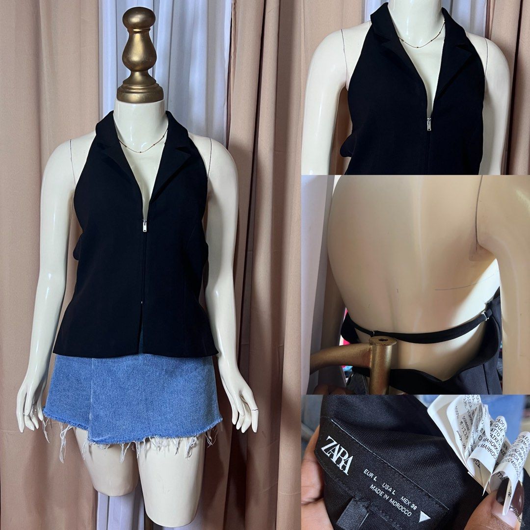 Zara Black Halter Top with Collar (Category: Sleeveless) located in Kidapawan. Submitted by frizzyjayne (Listing ID 1469064210, Image 1). Description: - Brand: Zara - Size: Large - Color: Black - Details: Collared neckline, front zipper closure, open back with a thin strap - Origin: Made in Morocco - Condition: Clean fabric and structured cut - Styling: Easy to pair with skirts or denim.