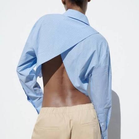 Zara Blue Striped Crop Shirt (Category: Shirts) located in Quezon City. Submitted by afternoonstore (Listing ID 1466842679, Image 2). Description: - Brand: Zara - Style: Light blue and white striped cropped button-down shirt - Size: S - Details: Classic collar, front chest pocket, long sleeves with button cuffs - Origin: Made in Turkey - Condition: Excellent / Ready to wear.