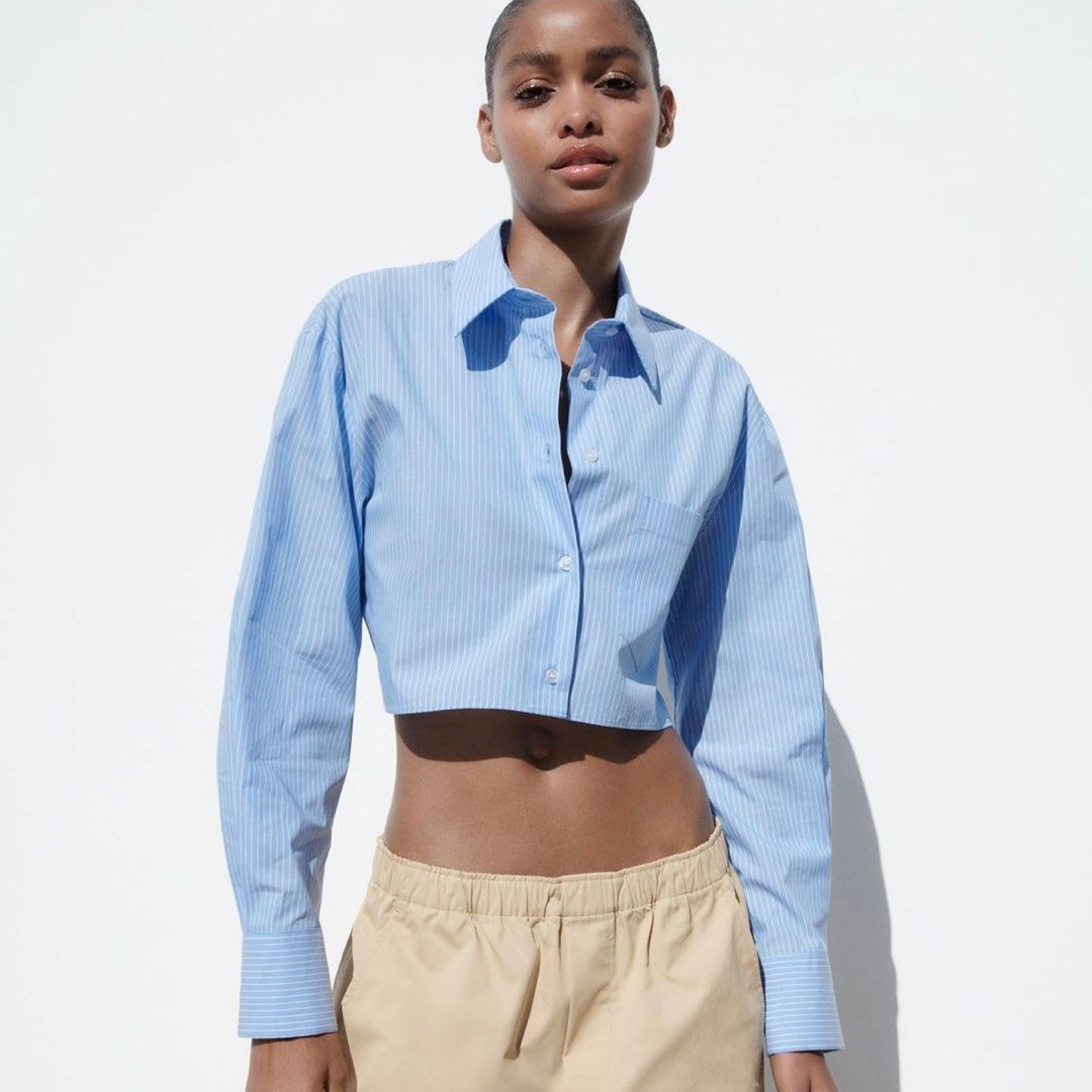 Zara Blue Striped Crop Shirt (Category: Shirts) located in Quezon City. Submitted by afternoonstore (Listing ID 1466842679, Image 1). Description: - Brand: Zara - Style: Light blue and white striped cropped button-down shirt - Size: S - Details: Classic collar, front chest pocket, long sleeves with button cuffs - Origin: Made in Turkey - Condition: Excellent / Ready to wear.