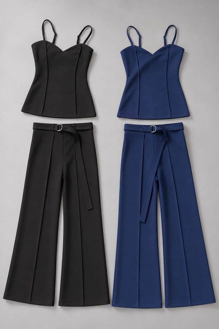 Zara Cami Top and Flared Pants Set (Category: Sets or Coordinates) located in Pasacao. Submitted by eommacollections_ (Listing ID 1468987251, Image 3). Description: - Brand: Zara - Set includes: Matching cami top and belted flared pants - Top details: Sweetheart neckline with adjustable straps - Pants details: Includes a D-ring belt and pressed center creases - Fabric: Structured material that holds its shape well - Colors available: Classic blac