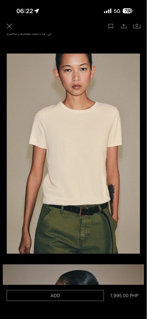 ZARA Cream Knit Short Sleeve Top (Category: Blouses) located in Manila. Submitted by pamelaurso90843 (Listing ID 1462265295, Image 2). Description: - Cream knit top from ZARA - Short sleeves - Ribbed hem and neckline - Simple and classic design - Perfect for layering or wearing solo - Easy to style with any outfit - Comfortable material - size large.
