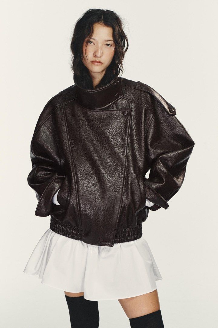 Zara Leather Oversized Jacket (Category: Others Tops) located in Taguig. Submitted by madeasoncloset (Listing ID 1468943592, Image 2). Description: Used once in Japan Size M fits up to L Bought in ZARA BGC.