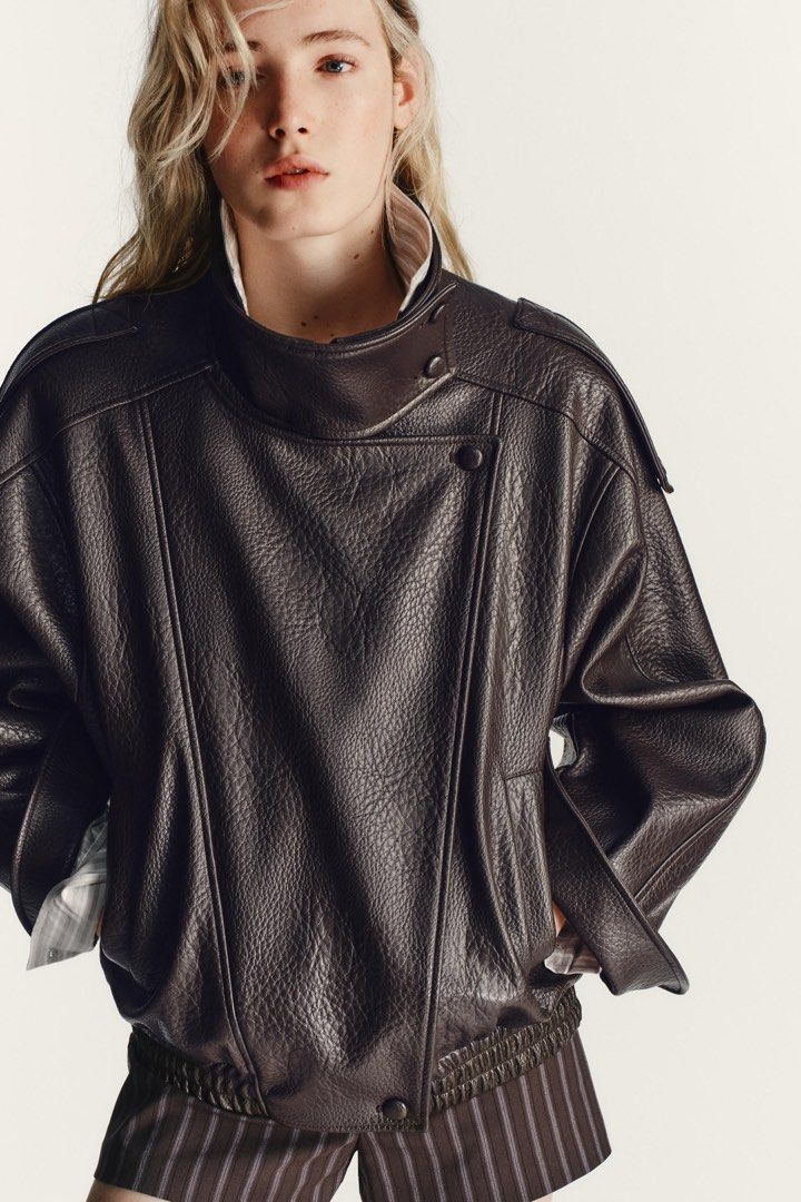 Zara Leather Oversized Jacket (Category: Others Tops) located in Taguig. Submitted by madeasoncloset (Listing ID 1468943592, Image 3). Description: Used once in Japan Size M fits up to L Bought in ZARA BGC.