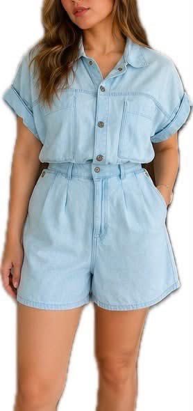 Zara Light Wash Denim Romper (Category: Rompers) located in Cagayan de Oro. Submitted by wearnani (Listing ID 1468973138, Image 2). Description: - Brand: Zara - Style: Light wash denim romper / one-piece - Size: EUR M / USA M can fit upto Large - Features: Button-up front, chest pockets, side pockets, short sleeves with rolled cuffs, elasticated waist - Condition: Great casual wear, super easy to style - Made in: Bangladesh.