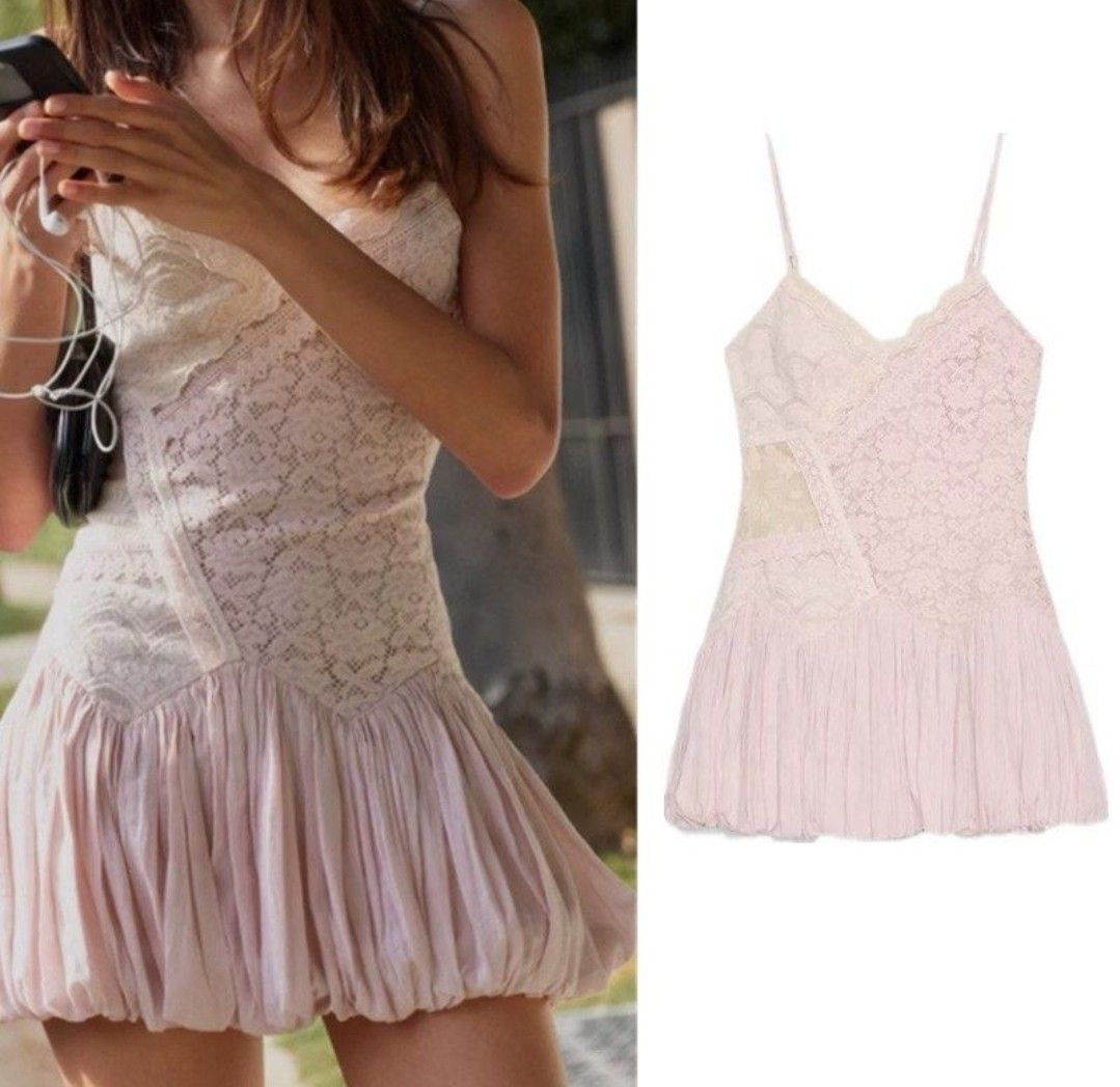 ZARA pink lace patchwork balloon mini dress (Category: Dresses) located in San Pablo. Submitted by maddyn_ (Listing ID 1469087808, Image 1). Description: - used once for a quick photoshoot - size small - color: baby pink - has shorts inside & a zipper on the side - adjustable straps - no flaws! 🩷🌸💐.