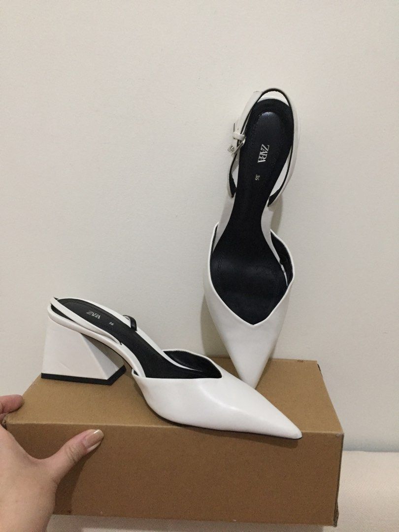 Zara pointed blocked heels (Category: Heels) located in Manila. Submitted by urbanlovemanila (Listing ID 1469099183, Image 3). Description: Size: 36 Color: White RFS: Does not fit anymore.