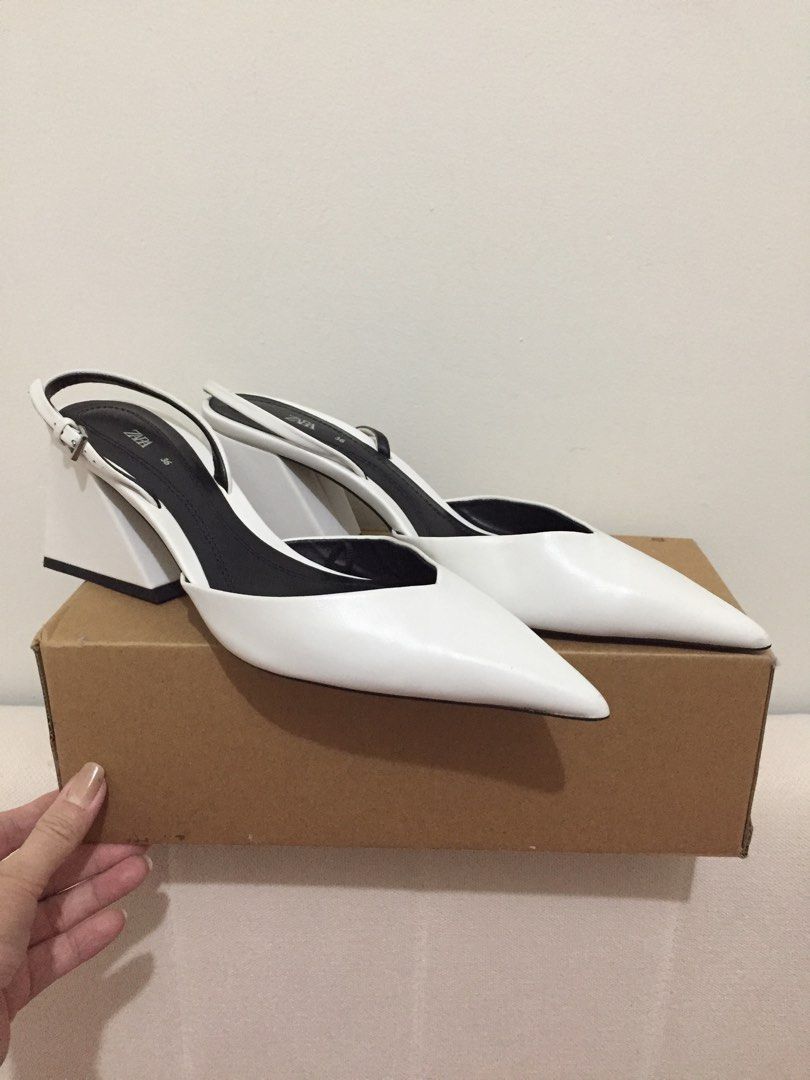 Zara pointed blocked heels (Category: Heels) located in Manila. Submitted by urbanlovemanila (Listing ID 1469099183, Image 1). Description: Size: 36 Color: White RFS: Does not fit anymore.