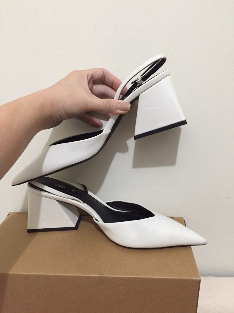 Zara pointed blocked heels (Category: Heels) located in Manila. Submitted by urbanlovemanila (Listing ID 1469099183, Image 2). Description: Size: 36 Color: White RFS: Does not fit anymore.