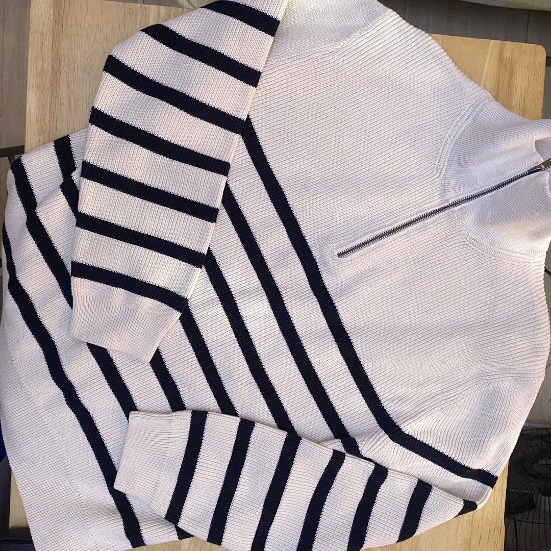 Zara Striped Half-Zip Sweater Size 13-14cm (Category: Coats, Jackets and Outerwear) located in Cavite. Submitted by helloize (Listing ID 1469001449, Image 2). Description: - Brand: Zara - Style: Half-zip collar, ribbed knit texture, cream and dark blue stripes - Size: 13-14cm (164) - Material: Comfortable cotton blend, great for layering - Origin: Made in Bangladesh Length 25in Width 17in No issue Worn by female size S Can be unisex Category unde