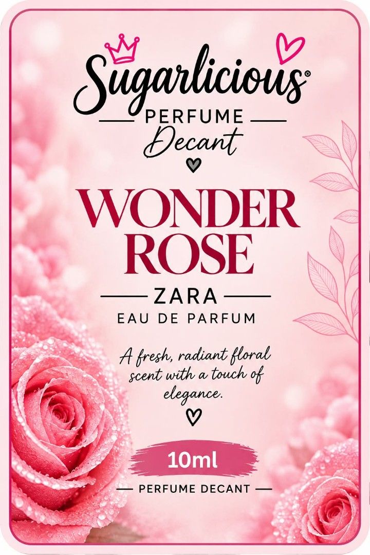 Zara Wonder Rose Perfume Decant Sugarlicious (Category: Fragrance & Deodorants) located in Paranaque City. Submitted by strawberryeng (Listing ID 1469042215, Image 1). Description: - Scent: Zara Wonder Rose (Fresh floral fragrance) - Sizes available: 5ml and 10ml decants - Packaging: Sealed in a cute holographic zipper pouch - Perfect for: Testing the scent or convenient on-the-go touch-ups - 100% authentic and ready to ship.