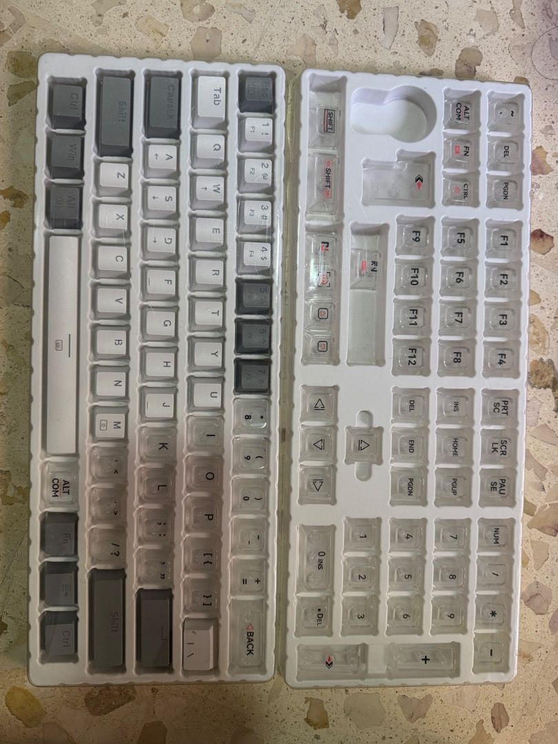 116 pcs Flashback Designed Keycap Set Front Printing (Category: Computer Keyboard) located in Paranaque City. Submitted by khloepetra (Listing ID 1465437369, Image 2). Description: - Condition: Brand new / Unused - White & Transparent/ Grey - Compatibility: Fits mechanical and optical keyboards - Design: Stylish grey and white colorway with front-printing layout - Inclusions: Full set of keys, plastic storage trays, original retail box, and a fre