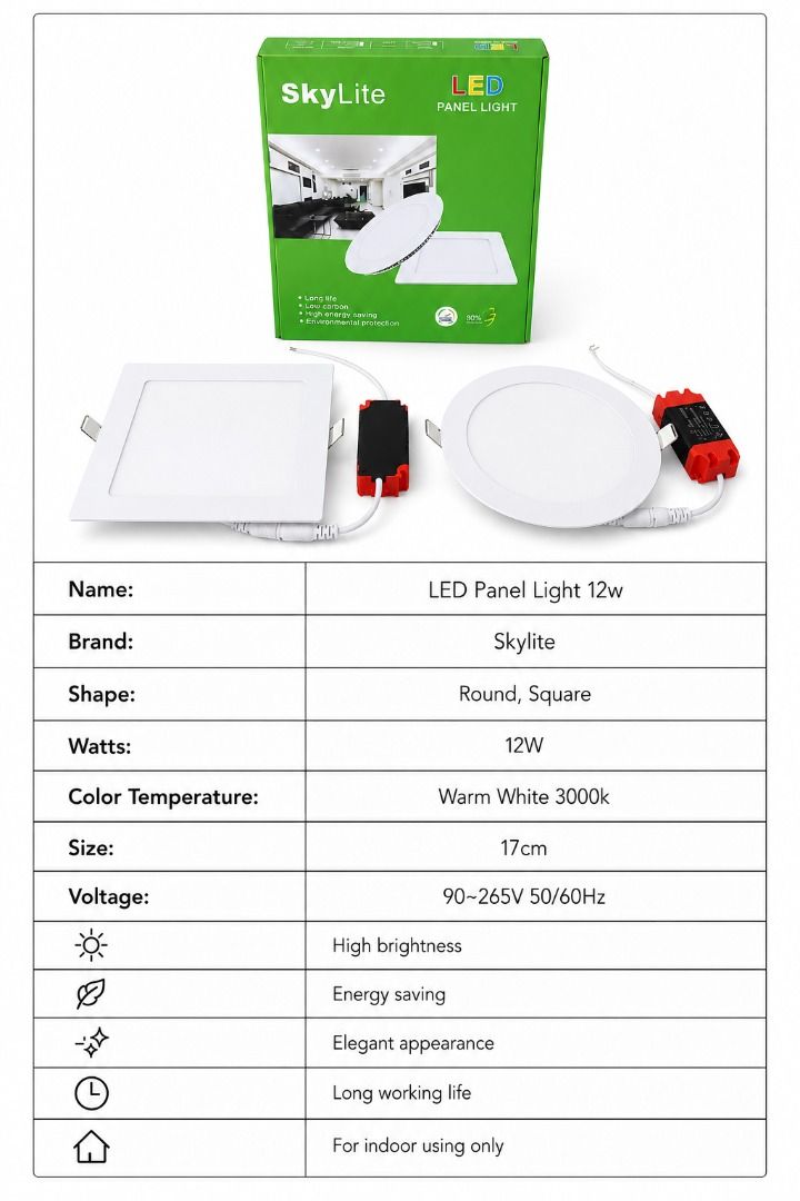 12 Watts Skylite LED Panel Light Ceiling Lamp 220v (Category: Lighting) located in Manila. Submitted by bellenn (Listing ID 1465433724, Image 1). Description: Color: Warm white Shape: Round, Square Watts: 12W Size: 17cm Voltage: 85~265V 50/60Hz Use good quality LED resistance light falling Highly-efficient electronics ballast ensure to long lifespan using. More than 3 times energy saving compare to traditional energy saving bulb Switch off the so