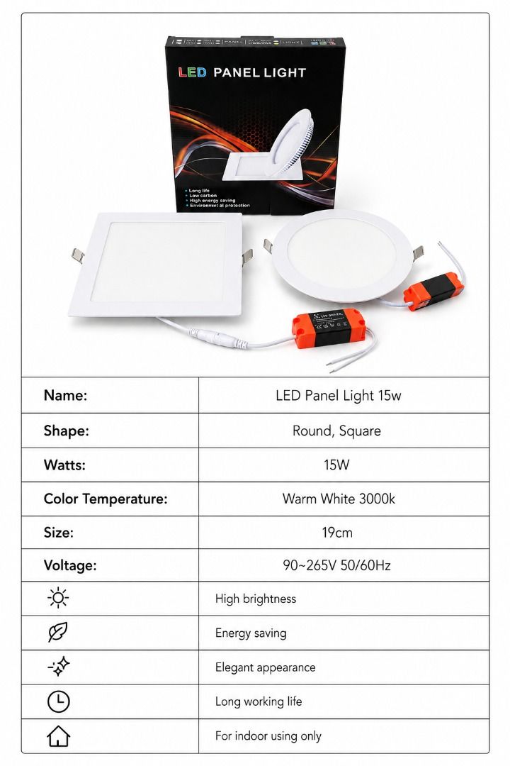 15 Watts LED Panel Light Ceiling Lamp 220v (Category: Lighting) located in Manila. Submitted by bellenn (Listing ID 1465434961, Image 1). Description: Color: Warm white Shape: Round, Square Watts: 15W Size: 19cm Voltage: 85~265V 50/60Hz Use good quality LED resistance light falling. Highly-efficient electronics ballast ensure to long lifespan using. More than 3 times energy saving compare to traditional energy saving bulb Switch off the source be