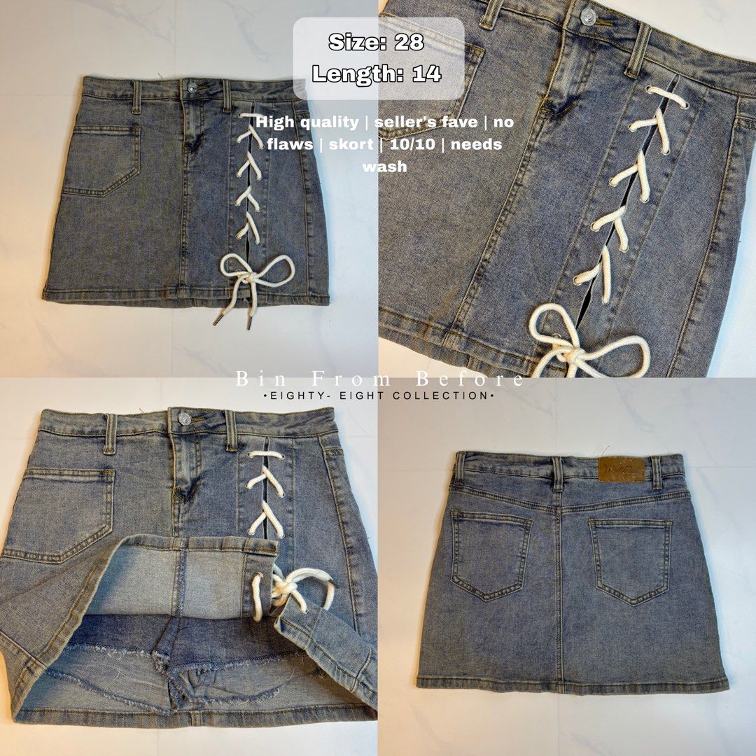 28 Laced Denim Skort (Category: Skirts) located in Dagupan City. Submitted by bincloset (Listing ID 1465551819, Image 1). Description: Laced Denim Skort ✨ Size: 28” | Length: 14” Flawless - FB Page: Bin from Before | IG: @binfrombefore .