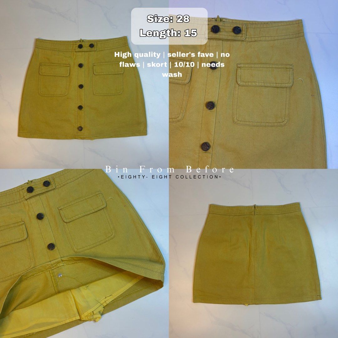 28 Mustard Front Pocket Skort (Category: Skirts) located in Dagupan City. Submitted by bincloset (Listing ID 1465555028, Image 1). Description: Mustard Front Pocket Skort ✨ Size: 28” | Length: 15” Flawless - FB Page: Bin from Before | IG: @binfrombefore .