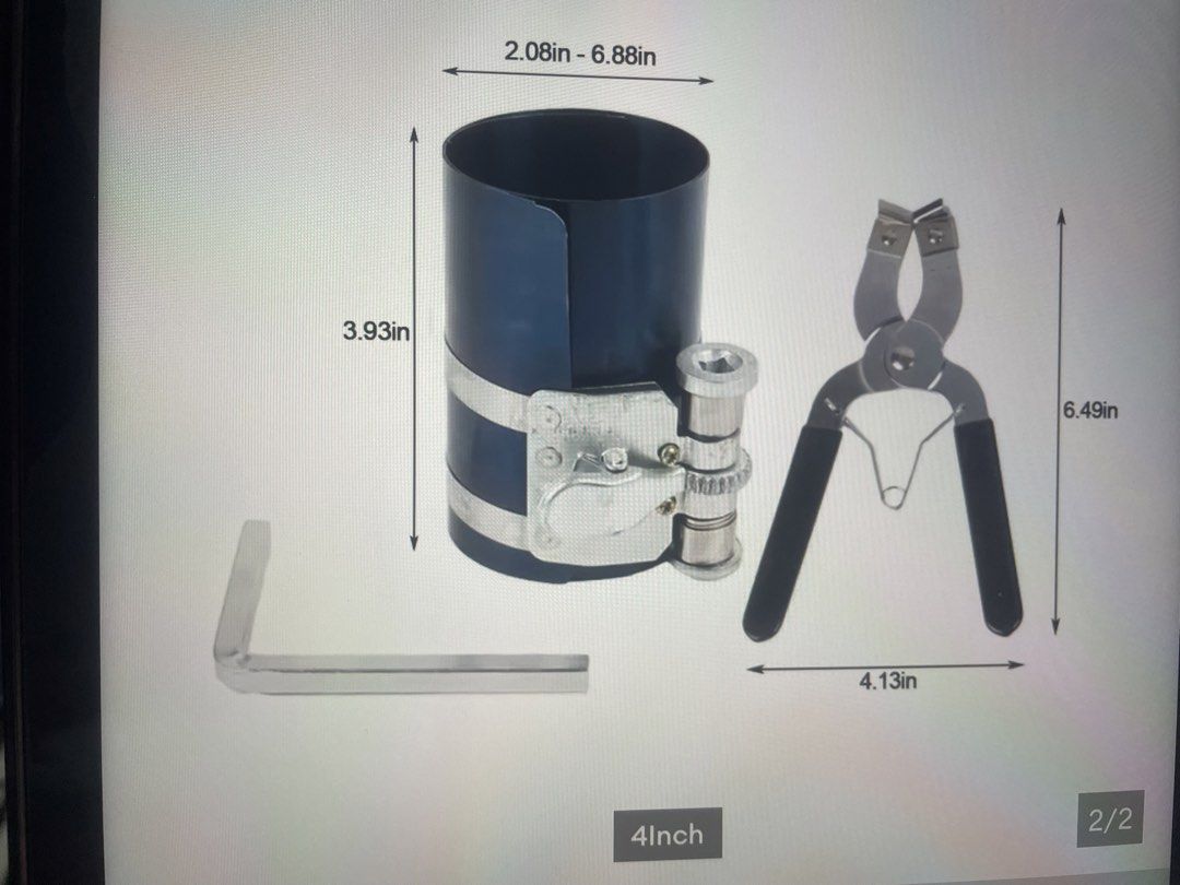 3” or 4” Piston Ring Compressor Tool Set with Pliers (Category: Construction Tools & Equipment) located in Pasay City. Submitted by tropak_mo (Listing ID 1465472855, Image 2). Description: - Complete toolkit: Includes adjustable compressor band, specialized pliers (6.49"), and hex wrench key - Adjustable size: Working range from 2.08" to 6.88" to fit various engines - Height options: Available in 2.95" or 3.93" band heights - Ratchet mechanism: E