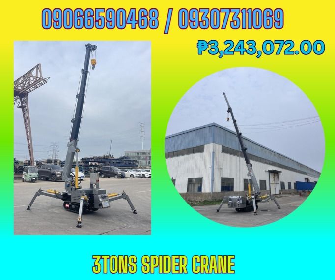 3t Spider Crane for sale (Category: Looking For) located in Makati City. Submitted by floressara96028 (Listing ID 1465402606, Image 1). Description: 3t Spider Crane "Lifting capacity ：3t Maximum ground lift : 10.2m Battery capacity:12v,45Ah Vehicle size：3450*950*1700mm" ₱3,243,072.00 ✅ Quality products ✅ Big discount for bulk orders ✅ 100% LEGIT TRUSTED SUPPLIER! ✅ With Complete Legal Documents ✅ BIR Registered ☎️ For Inquiries Please Globe : 090