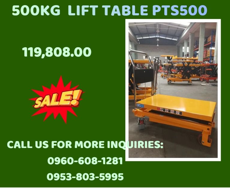 500kg Lift Table PTS500 (Category: Everything Else Others) located in Caloocan City. Submitted by 09616968642 (Listing ID 1465425226, Image 1). Description: ●MODEL: PTS500 ●Loading capacity: 500kg ●Lifting height: 3000mm ●Min height: 450mm ●Table Dimension: 1300*800 ●Net weight: 120kg ●Dia. of the cylinder: 40 .