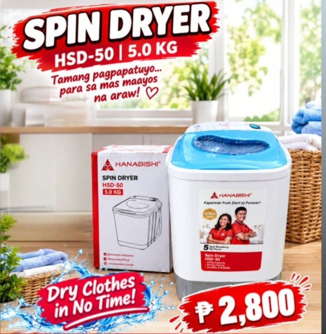 5kg Spin Dryer (Category: Washing Machines and Dryers) located in Caloocan City. Submitted by yam_appliances (Listing ID 1465559947, Image 1). Description: 5kg spin dryer hanabishi brand brandnew mallpullout with 3months warranty cod payment.