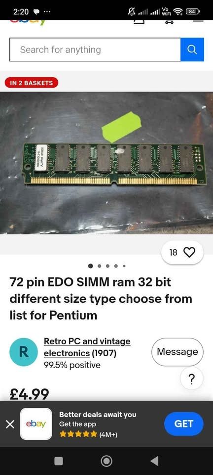 72 pin EDO SIMM RAM 32 bit for Pentium vintage computer (Category: Computer Parts) located in Caloocan City. Submitted by caloyzkie20 (Listing ID 1465393022, Image 3). Description: - Type: Retro 72-pin EDO SIMM RAM - Architecture: 32-bit - Condition: Clean contacts, tested and pulled from a working system - Compatibility: Ideal for older Pentium systems and retro PC builds - Perfect for: Hardware restoration and vintage gaming rigs.