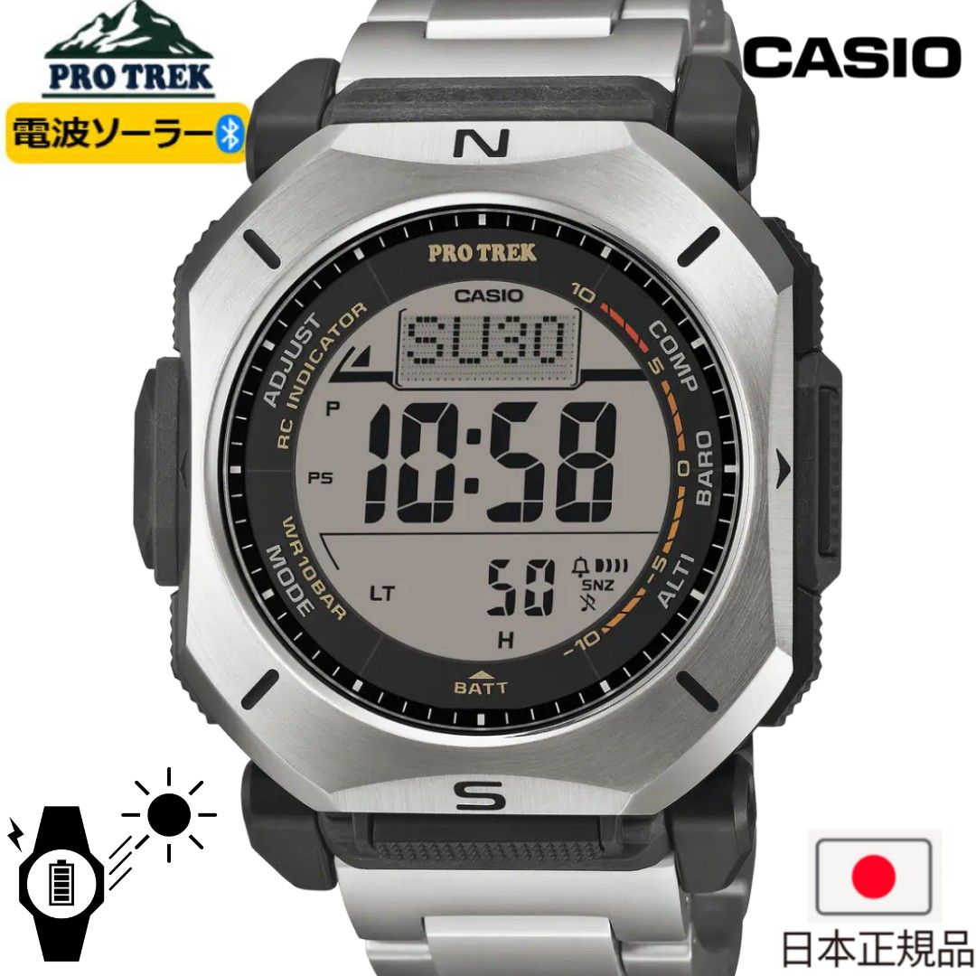 🇯🇵日本版 CASIO PRO TREK Climber Line PRW-69YT-7JF 日本版 日版 （分類：手錶）位於 Hong Kong。 由 aurora.jp 提交（商品編號 1465399635，圖片 1）。簡介： PRW-69 是一款真正的戶外腕錶。它採用緊湊的方形錶殼，搭配鍛造錶圈和鈦金屬錶帶，既展現了戶外裝備的堅固耐用，也確保了佩戴的舒適性。錶殼採用輕盈、防鏽且低致敏的鈦金屬製成，並透過拉絲和鏡面拋光工藝打造出高品質的表面。一鍵式三折扣環配備雙重鎖定機制，可防止意外脫落。滑動式錶帶調節機構可實現高達 6 毫米的長度調節，即使佩戴在內層手套上也能輕鬆佩戴。此外，錶帶和錶圈均採用 TIC 塗層處理，增強了耐磨性和抗刮擦性，並能更持久地保持亮麗的色彩。雙面液晶顯示器提升了指南針的便利性。結合三重感應器、六局電波接收和太陽能動力技術，這款腕錶完全符合真正戶外裝備的規格要求。 外殼尺寸（高 x 寬 x 厚） 52.5 × 46.4 × 13.8 毫米 117克 錶殼/錶圈