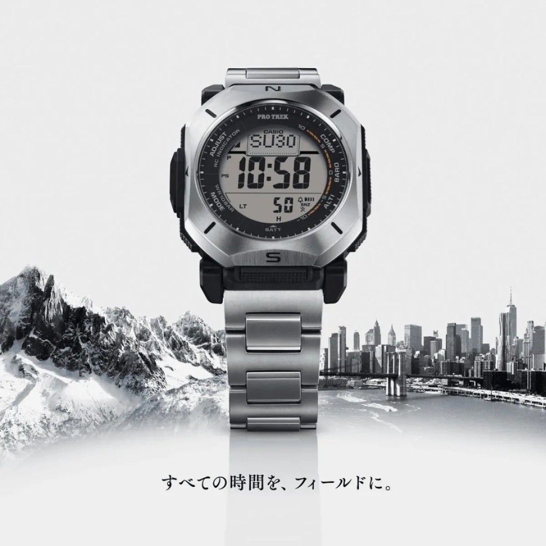 🇯🇵日本版 CASIO PRO TREK Climber Line PRW-69YT-7JF 日本版 日版 （分類：手錶）位於 Hong Kong。 由 aurora.jp 提交（商品編號 1465399635，圖片 3）。簡介： PRW-69 是一款真正的戶外腕錶。它採用緊湊的方形錶殼，搭配鍛造錶圈和鈦金屬錶帶，既展現了戶外裝備的堅固耐用，也確保了佩戴的舒適性。錶殼採用輕盈、防鏽且低致敏的鈦金屬製成，並透過拉絲和鏡面拋光工藝打造出高品質的表面。一鍵式三折扣環配備雙重鎖定機制，可防止意外脫落。滑動式錶帶調節機構可實現高達 6 毫米的長度調節，即使佩戴在內層手套上也能輕鬆佩戴。此外，錶帶和錶圈均採用 TIC 塗層處理，增強了耐磨性和抗刮擦性，並能更持久地保持亮麗的色彩。雙面液晶顯示器提升了指南針的便利性。結合三重感應器、六局電波接收和太陽能動力技術，這款腕錶完全符合真正戶外裝備的規格要求。 外殼尺寸（高 x 寬 x 厚） 52.5 × 46.4 × 13.8 毫米 117克 錶殼/錶圈