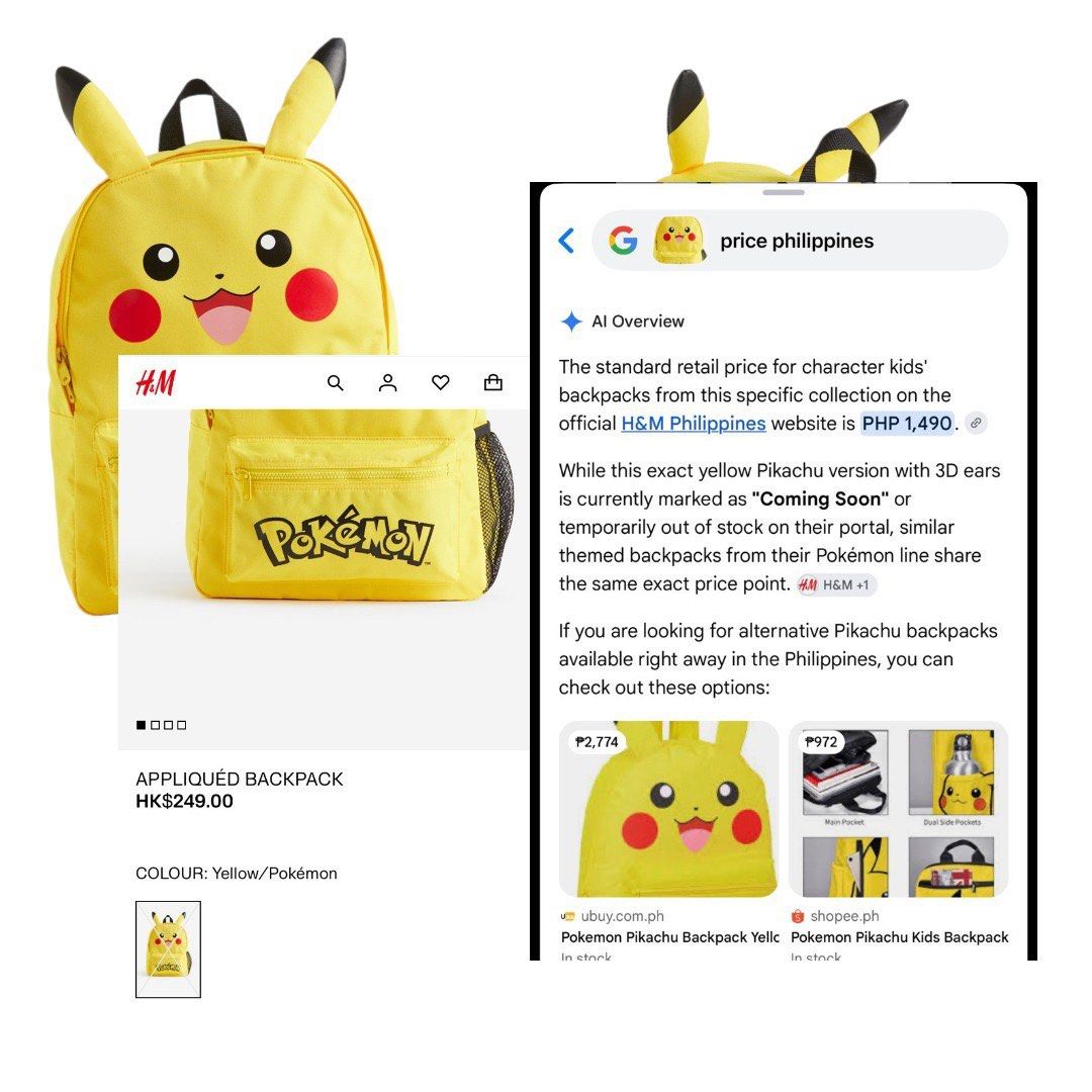 ⚡ H&M × Official Pokémon Pikachu Backpack (Category: Babies & Kids Fashion) located in Taguig. Submitted by kocollectibles (Listing ID 1465562873, Image 2). Description: ⚡ H&M × Official Pokémon Pikachu Backpack ⚡ Bright, fun, and ready for adventure — this officially licensed Pikachu backpack is perfect for young Pokémon fans! ✅ Brand & Authenticity - Official H&M × Pokémon collaboration — 100% licensed merchandise 🎨 Look & Design - Vibrant sun