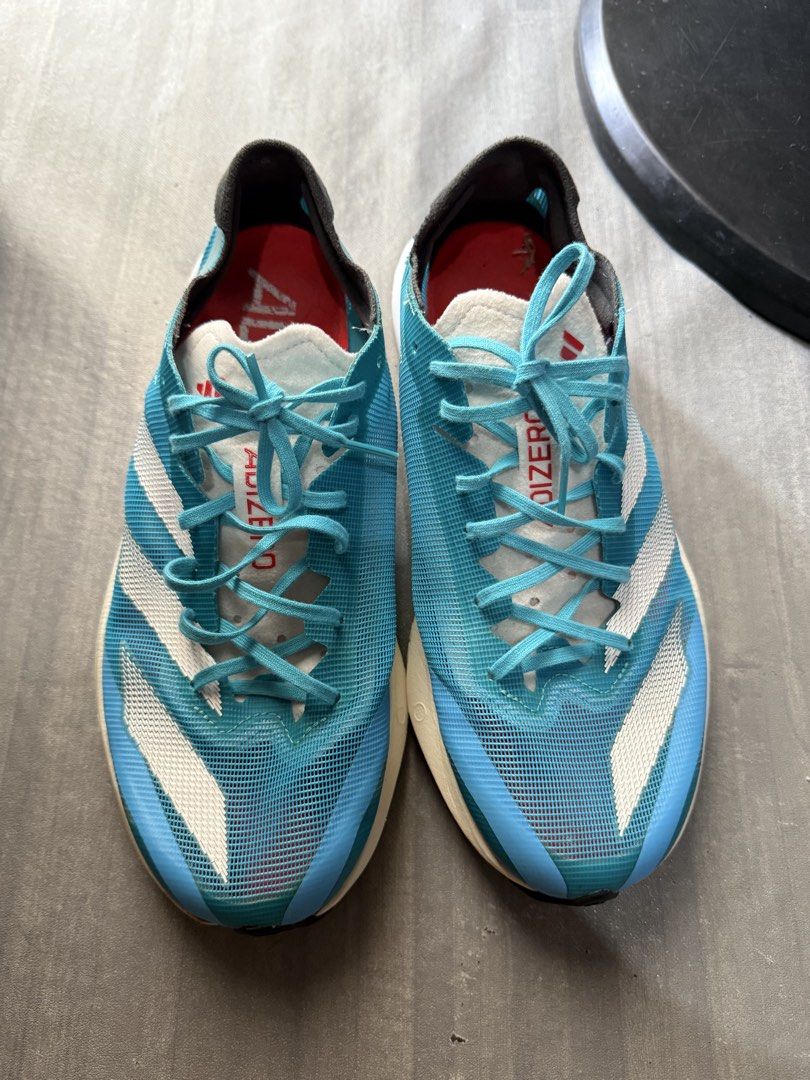 Adidas Adizero Adios 8 (Category: Sneakers) located in Cagayan de Oro. Submitted by twice.but.nice.blackmarket (Listing ID 1465401034, Image 3). Description: Adidas Adizero Adios 8 Colorway: Turquoise / Lucid Cyan / Cloud White / Bright Red Excellent condition Size : US 8.5 / UK 8 / FR 42 / JP 265 / CHN 260 Heel drag .