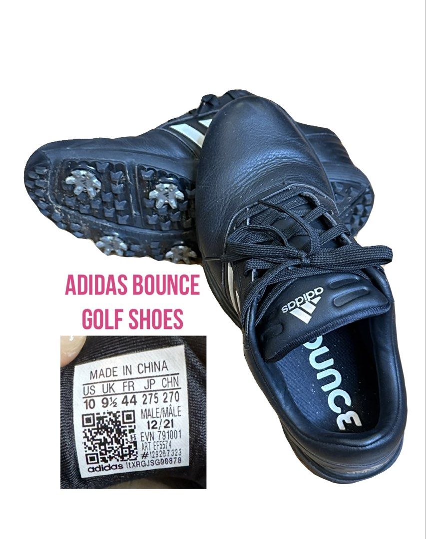 Adidas Bounce Spiked Golf Shoes US10 (Category: Sneakers) located in Muntinlupa City. Submitted by alabangbargains (Listing ID 1465513093, Image 1). Description: black leather size: 10US Adidas Bounce Spiked no tag no box slightly used needs cleaning only no flaw mop: gcash or bank transfer sf: buyer will book and pay for their courier.